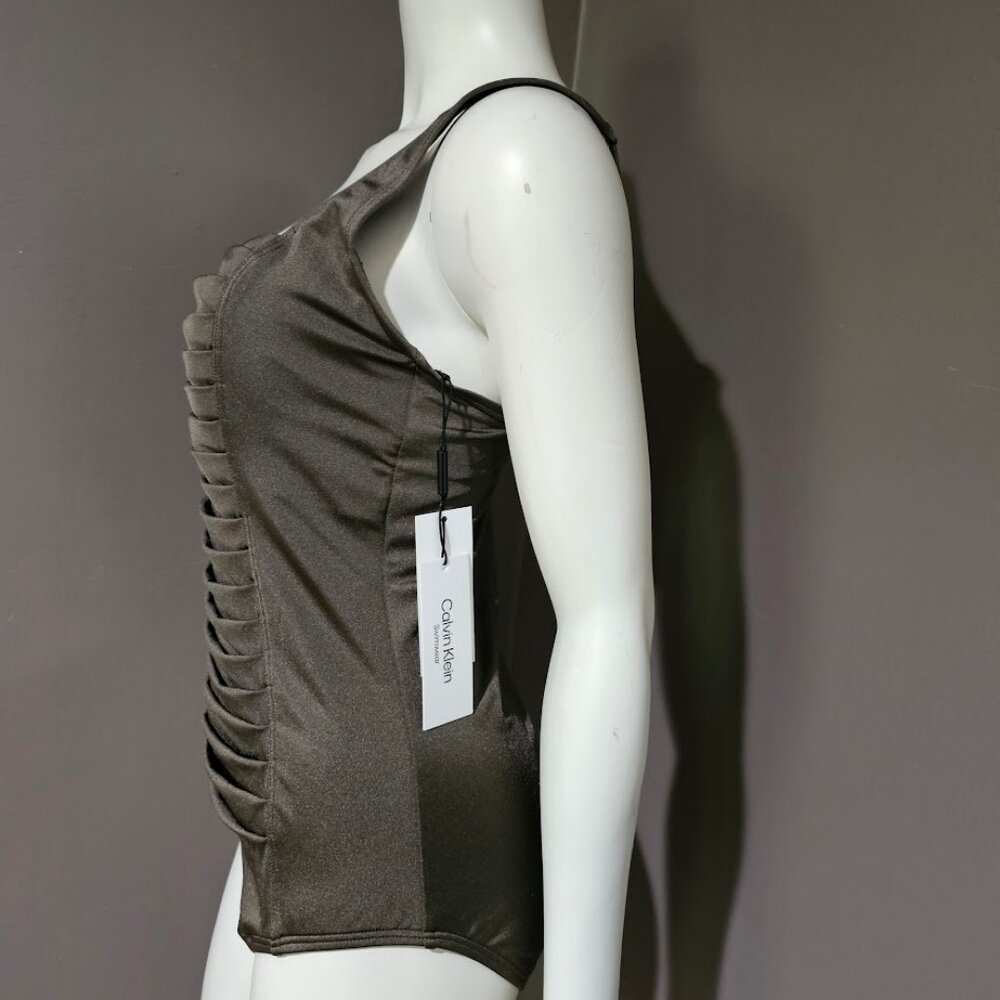 Calvin Klein Shimmer Pleated One Piece Swimsuit Bronze - Picture 3 of 12